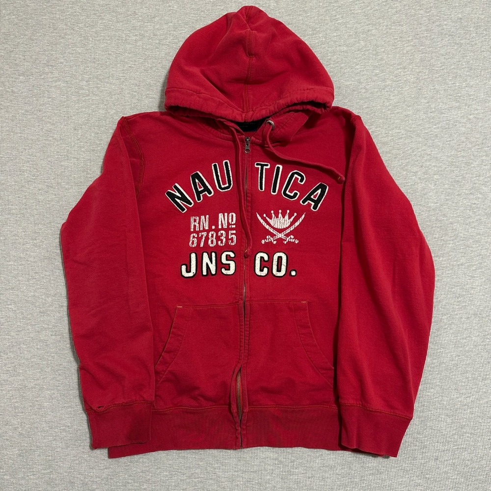 2000s Nautica Jeans Co Full Zip Hoodie Applique Graphic Red Faded Mens Large Y2K
